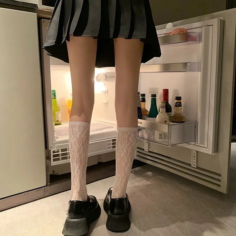Women Nylon Floral Lace Mid Calf Socks