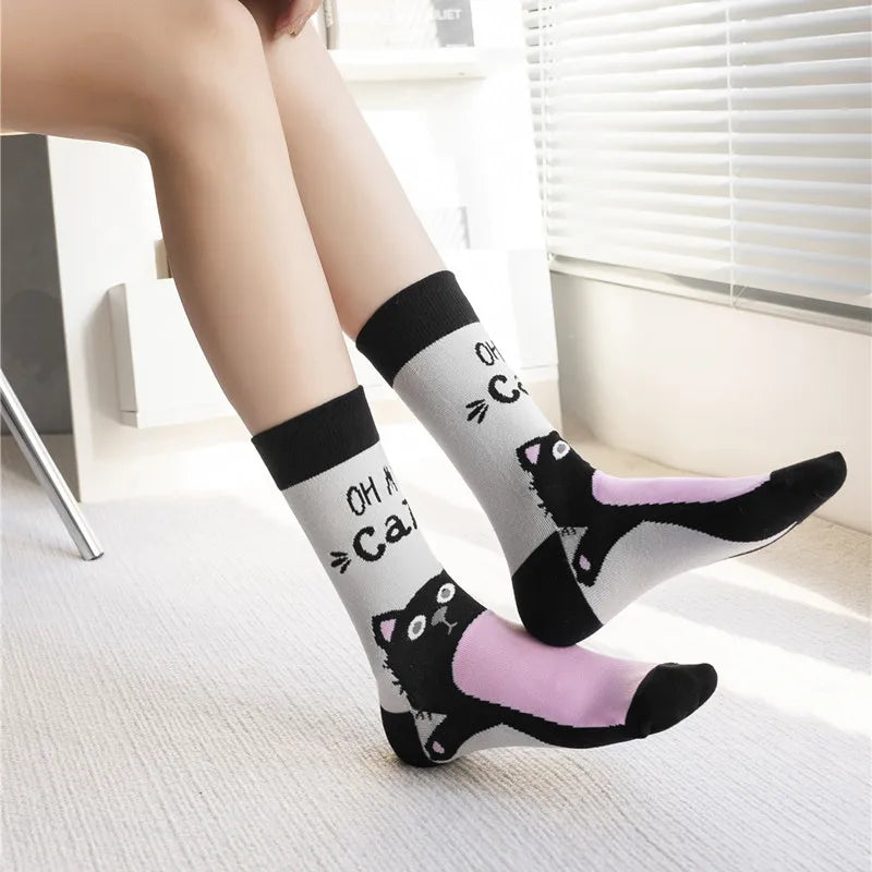 Cotton Blend Mid Calf Cat Print Socks