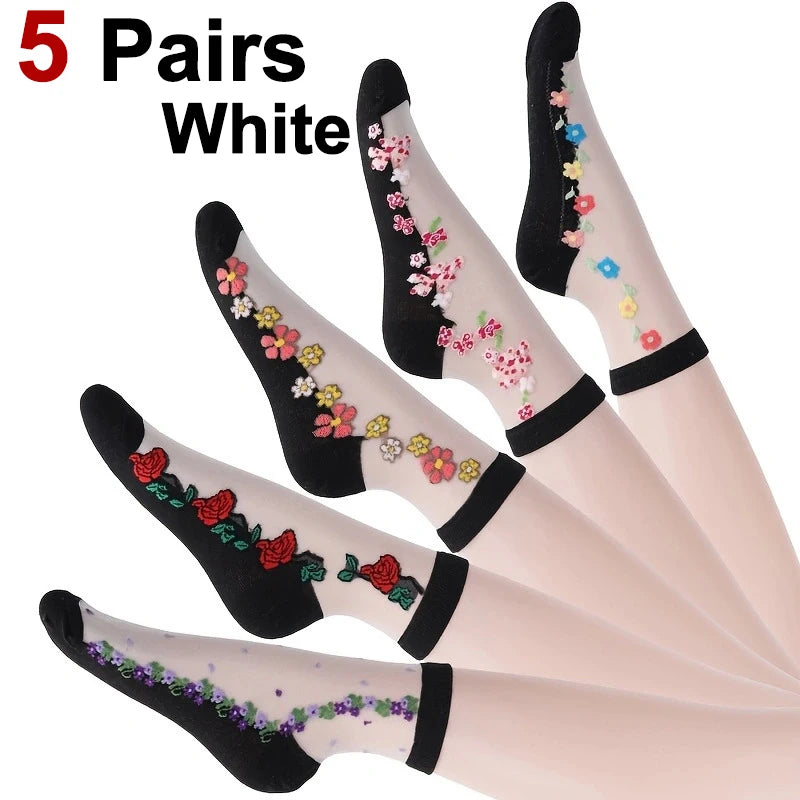 Floral Print Mid Tube Polyester Blend Socks