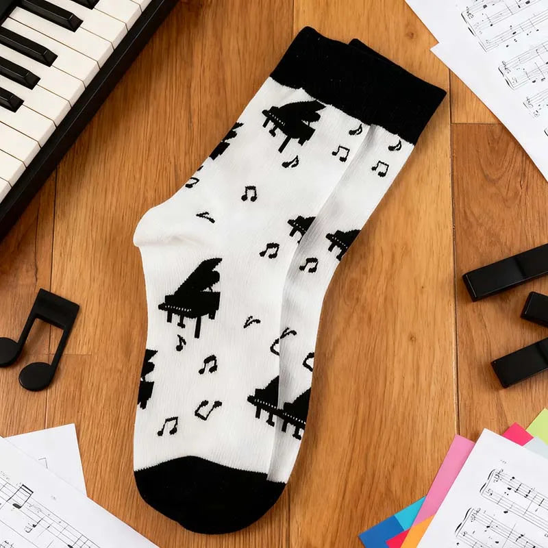 Cotton Blend Music Print Crew Socks