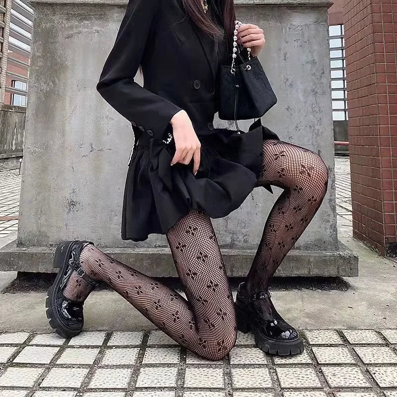 Nylon Cross Print Gothic Lolita Fishnet Tights