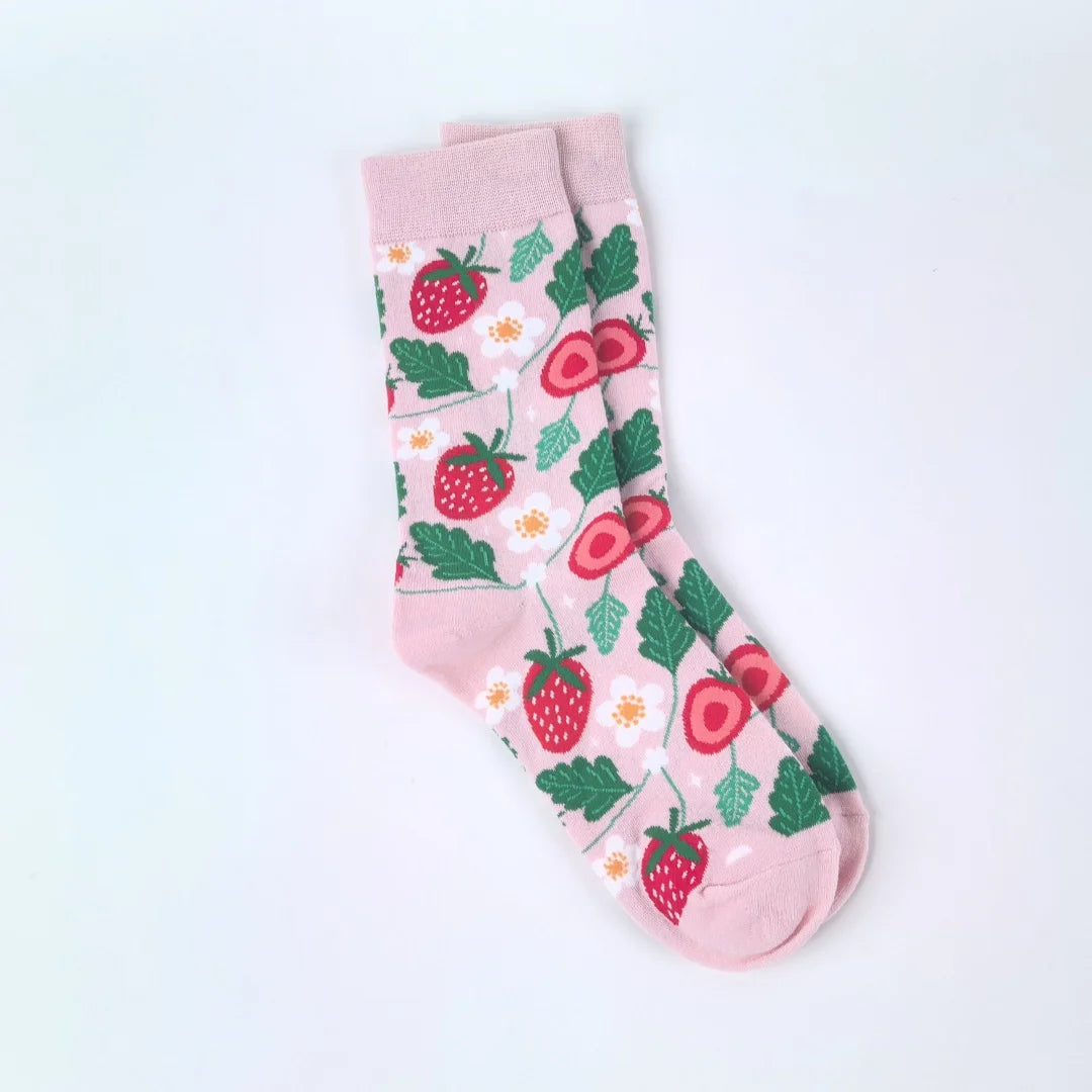 Cotton Blend Strawberry Print Mid Calf Socks - 9