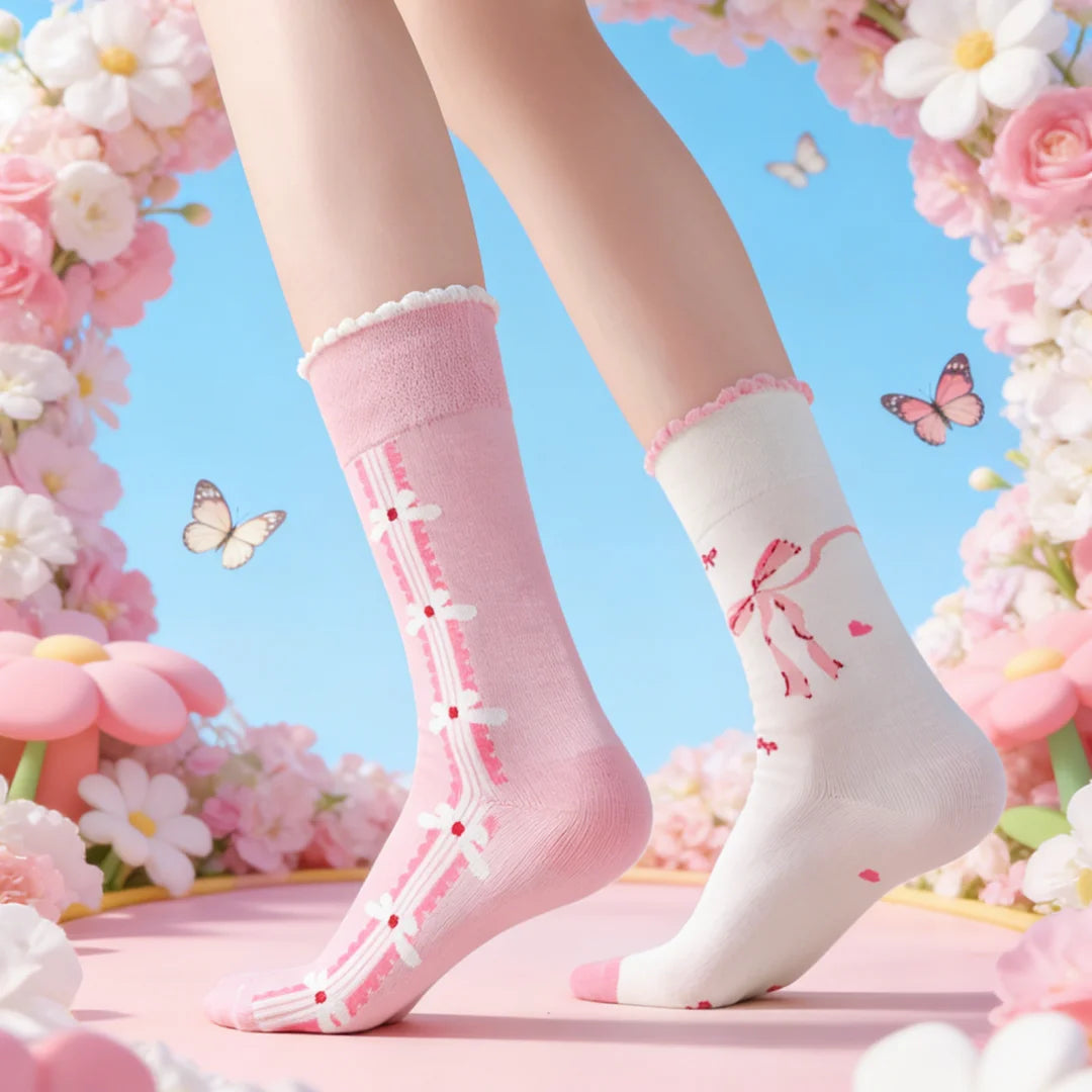 Cotton Blend Bow Heart Print Mid Tube Women Socks
