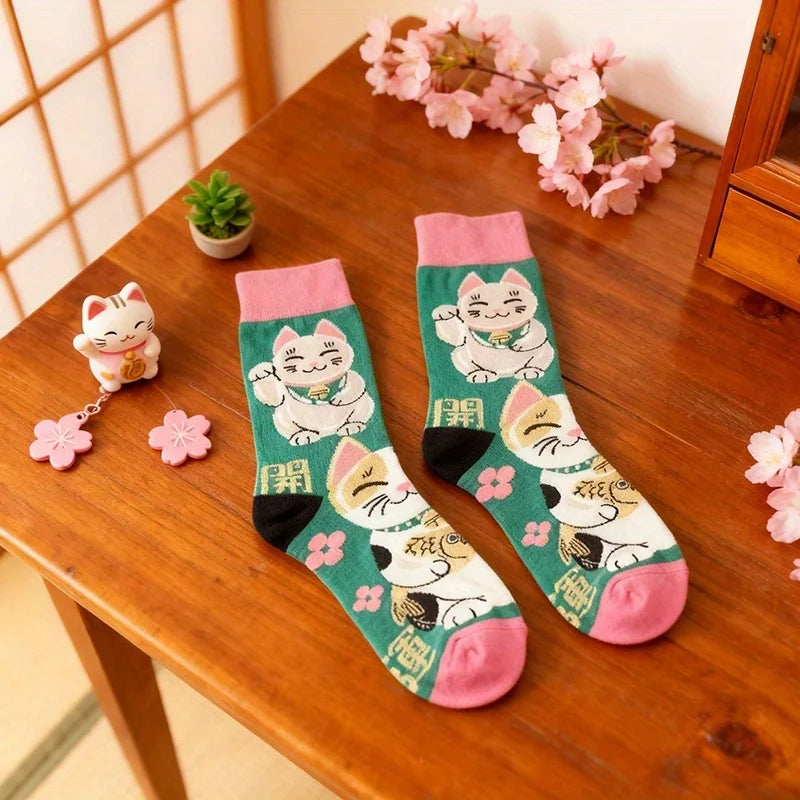 Lucky Fortune Cat Print Cotton Blend Crew Socks