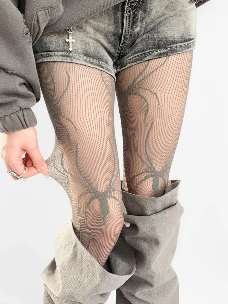 Grey Nylon Spider Pattern Fishnet Tights