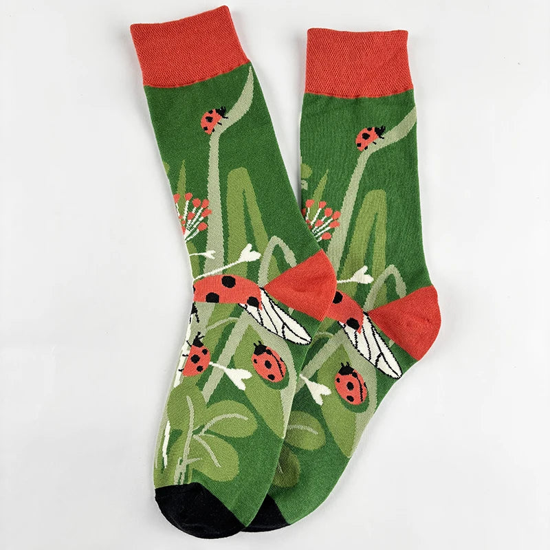 Cotton Blend Insect Pattern Crew Socks