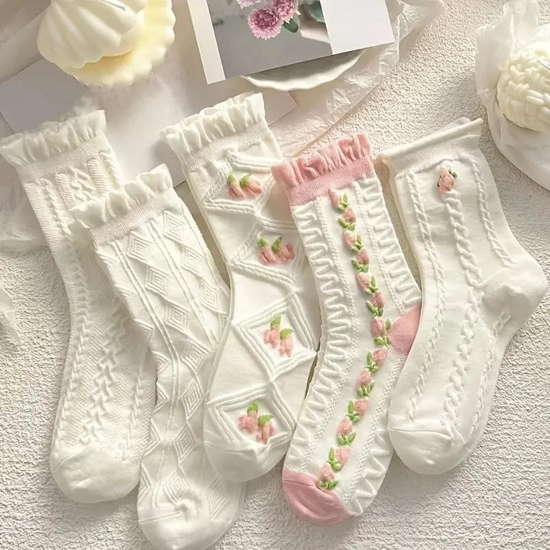 Ruffled Floral Mid Tube Polyester Women Socks 5 Pairs - 12