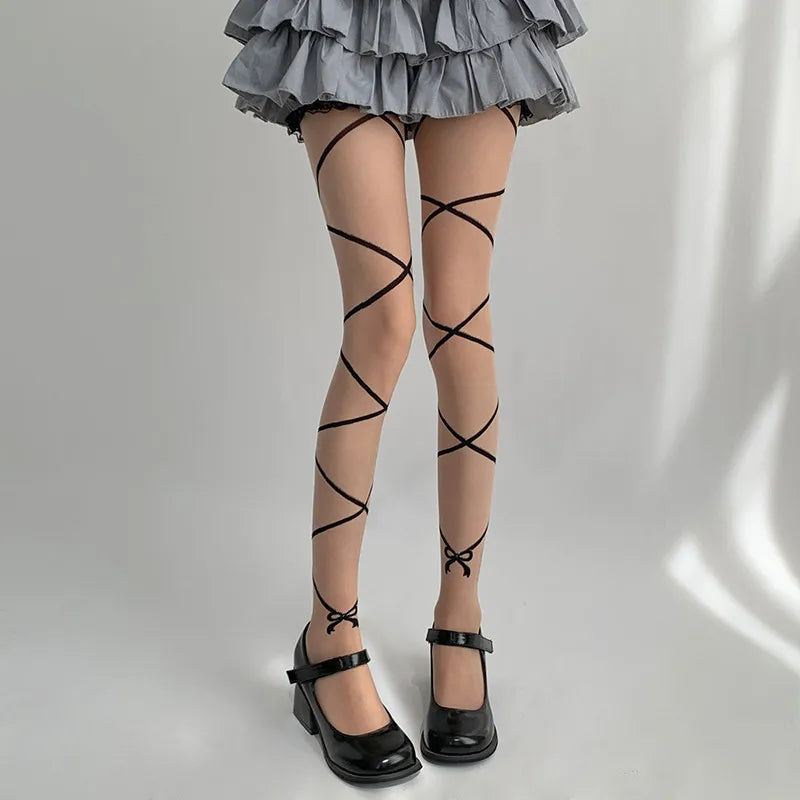 Nylon Cross Strap Ballet Style Pantyhose Tights