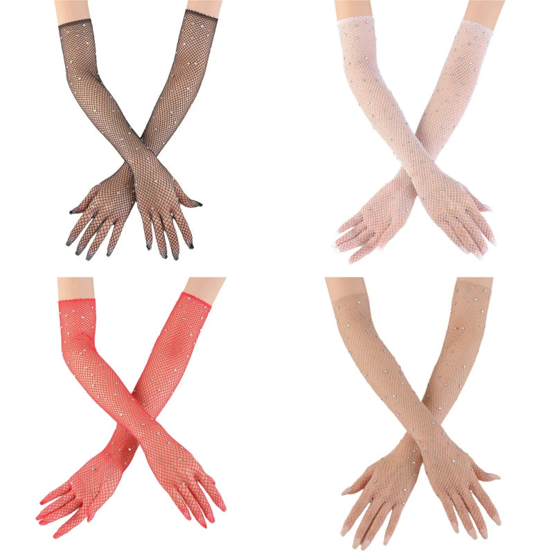 Polyester Elastane Mesh Rhinestone Long Gloves