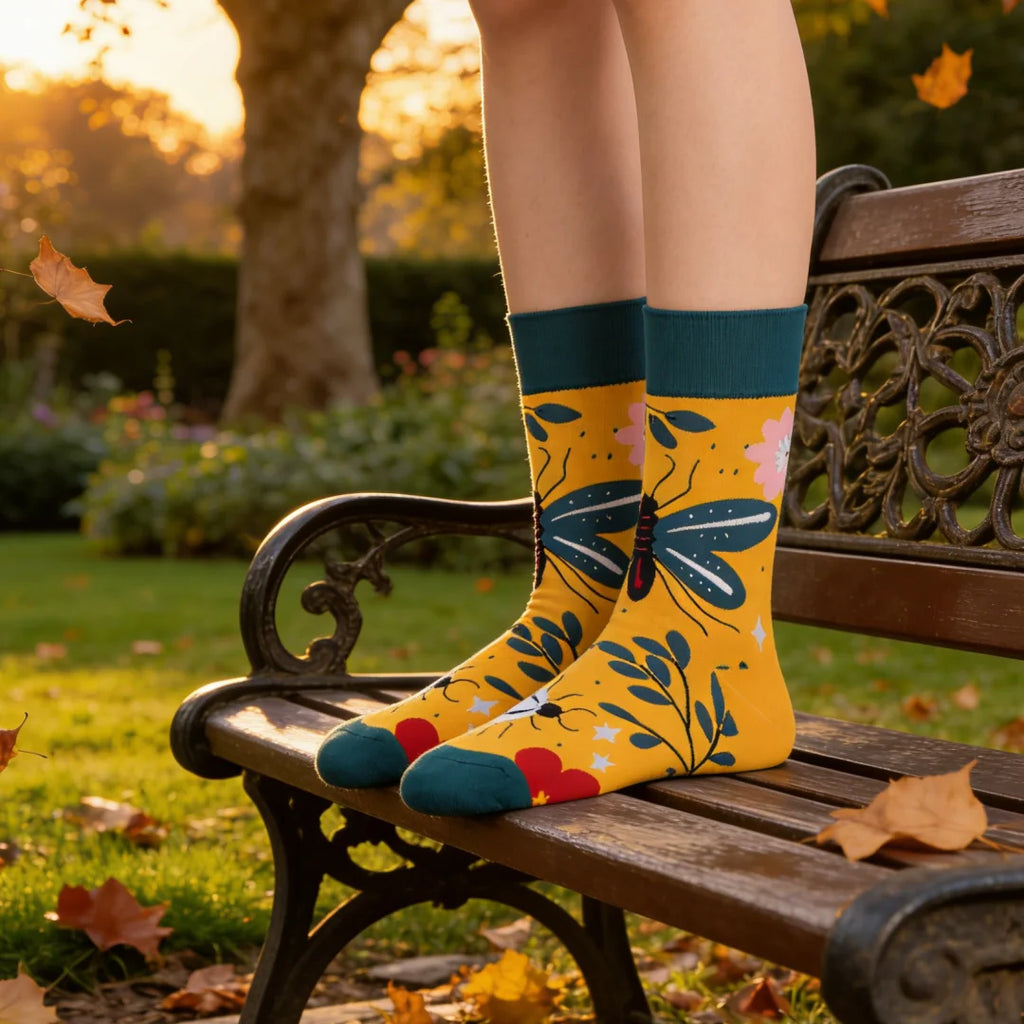 Cotton Blend Dragonfly Pattern Crew Socks