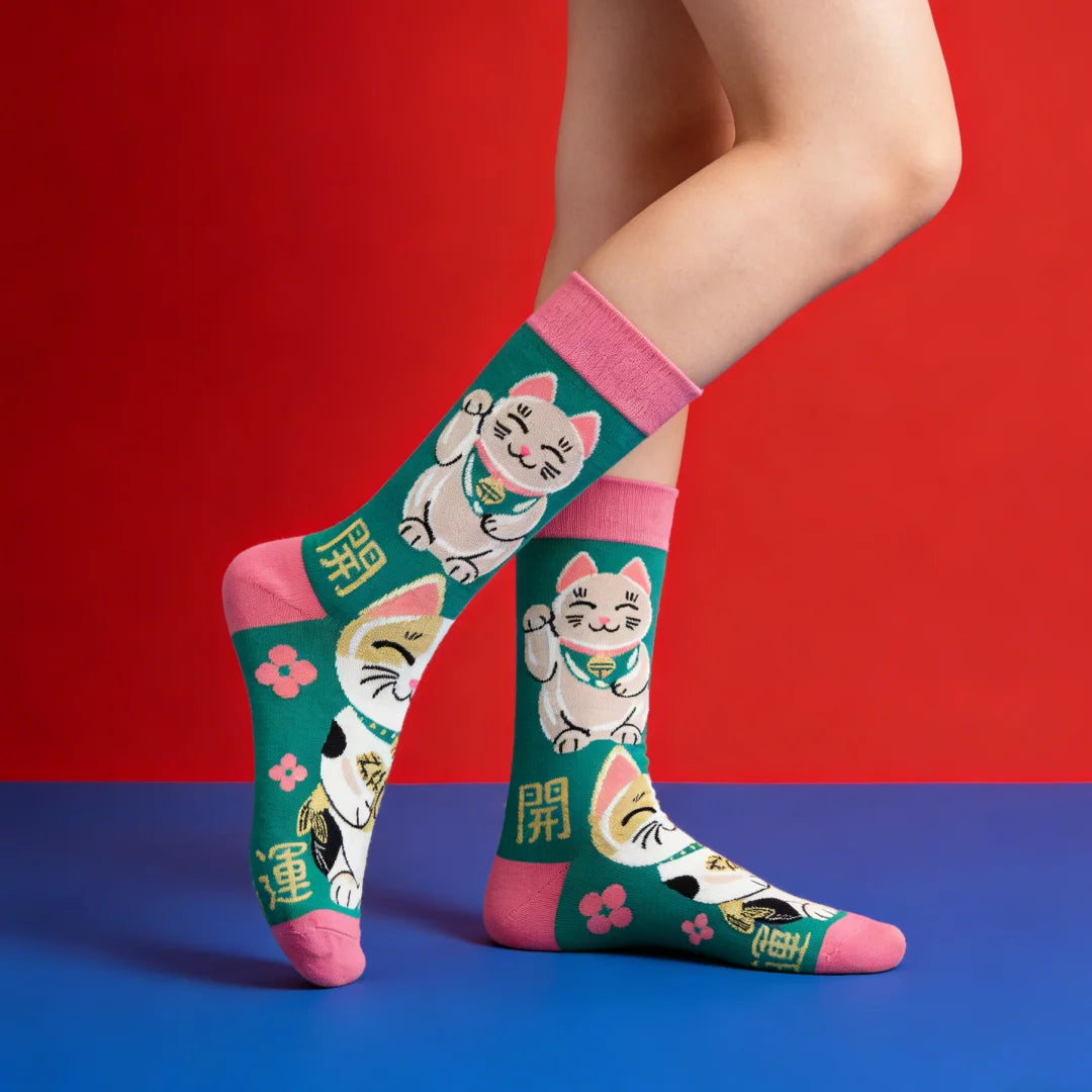 Lucky Cat Cotton Crew Socks Unisex Mid Calf Casual Hosiery
