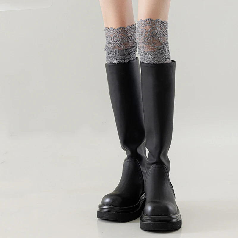 Polyester Spandex Floral Lace Hollow Knit Mid Tube Casual Socks