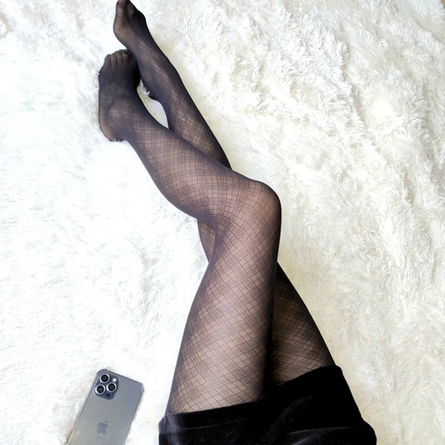Black Plaid Pattern Polyester Elastane Womens Tights