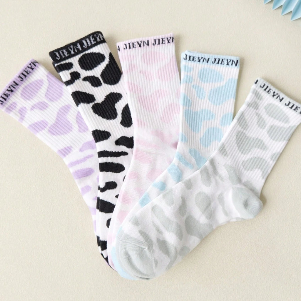 Polyester Elastane Cow Print Crew Socks