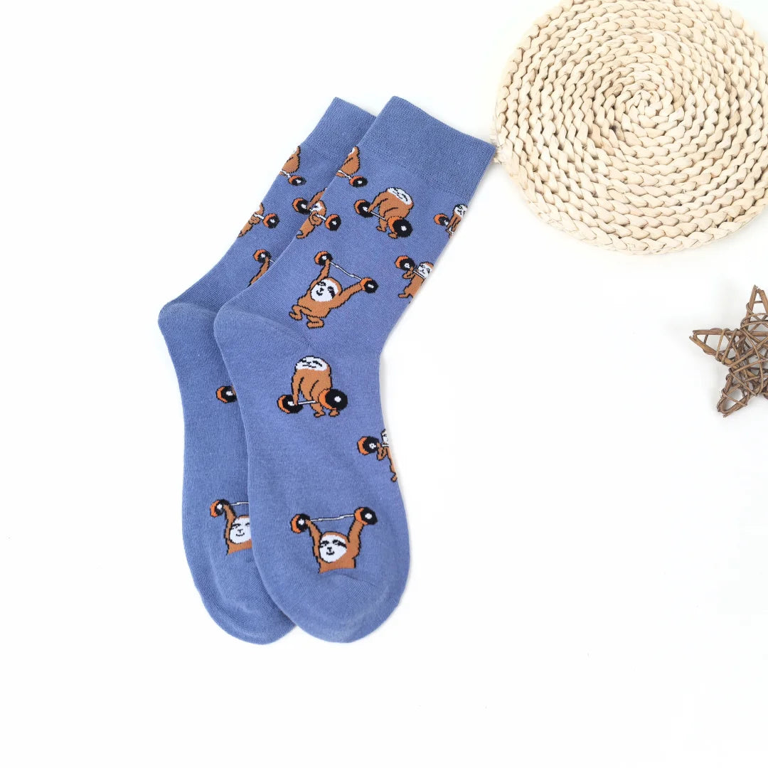 Cotton Blend Mid Calf Sloth Pattern Unisex Socks - 2