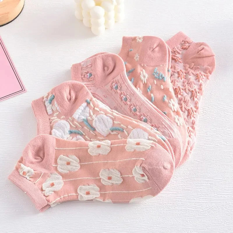 Floral Polyester Low Cut Ankle Socks For Women 5 Pairs - 3
