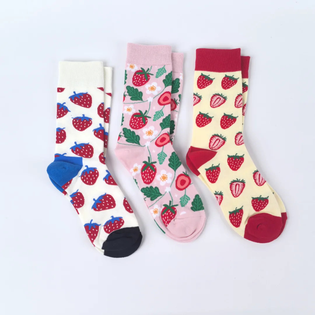 Cotton Blend Strawberry Print Mid Calf Socks - 2