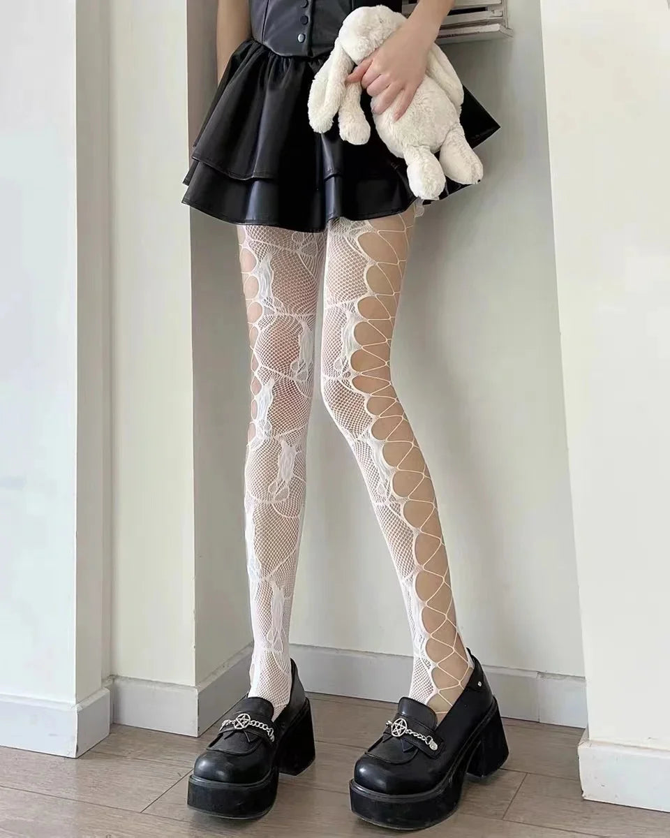 Floral Mesh Nylon Thigh High Pantyhose