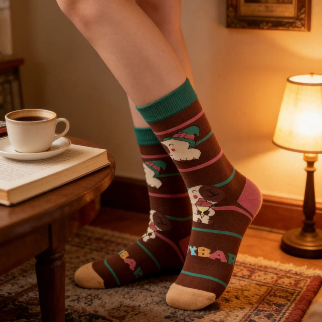 Cotton Blend Capybara Print Mid Calf Socks