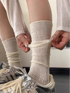 Polyester Lace Hollow Out Mid Calf Socks