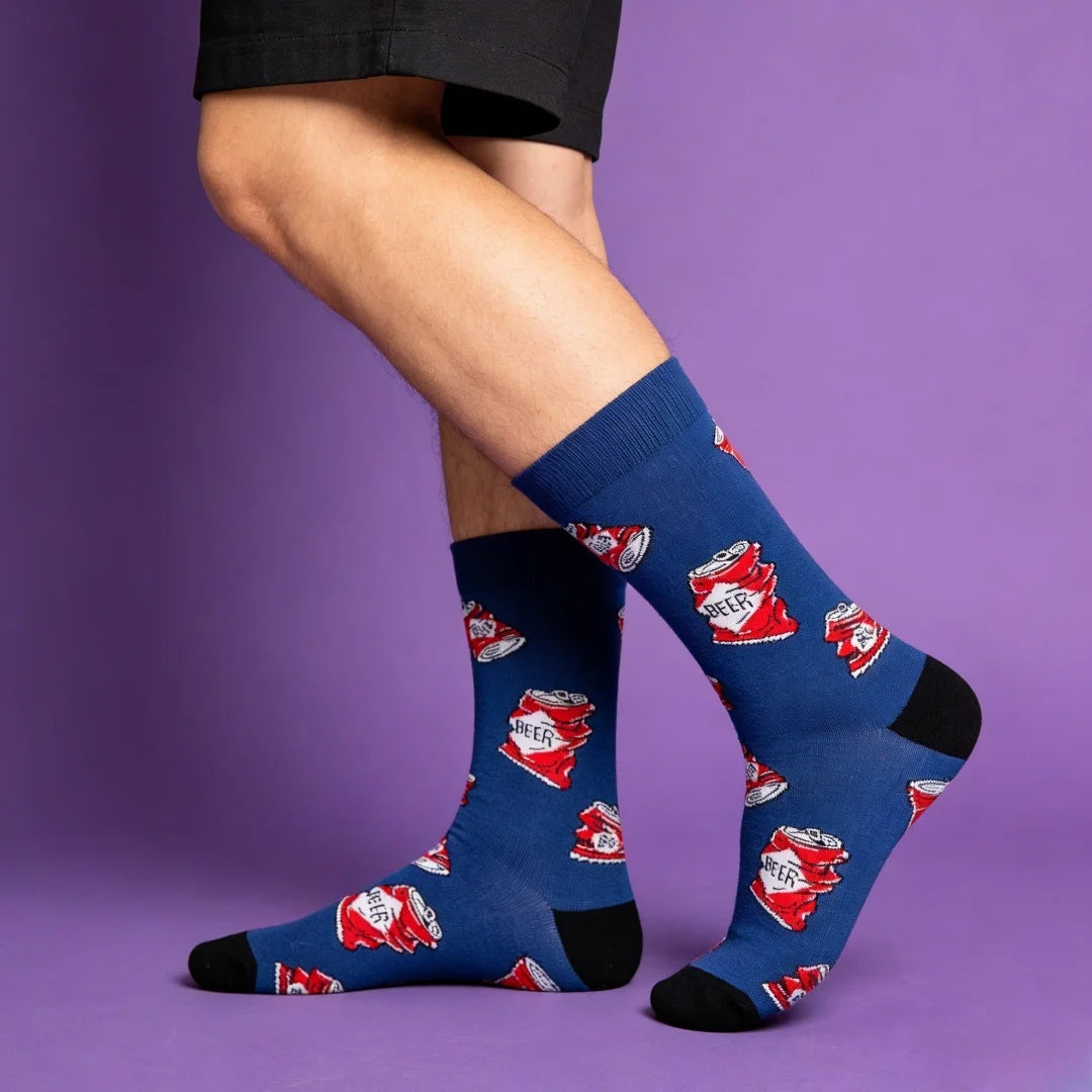 Cotton Blend Beer Print Mid Calf Casual Socks