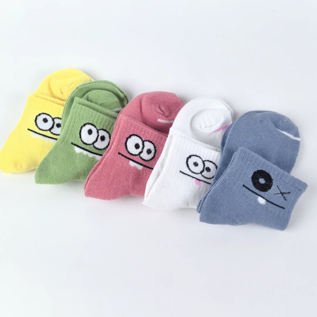 Polyester Elastane Cartoon Face Mid Calf Socks 5 Pairs - 5