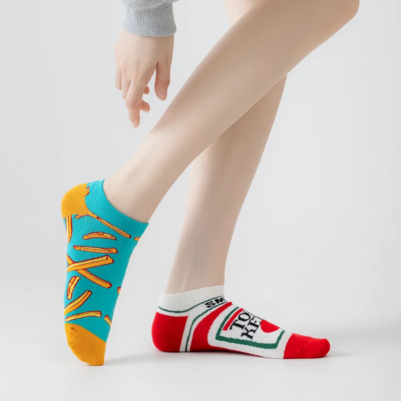 Cotton Blend French Fry and Ketchup Print Unisex Ankle Socks - 5