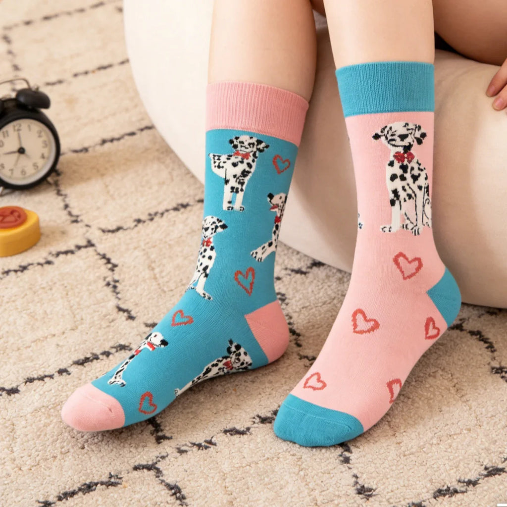 Cotton Blend Spotted Dog Print Mid Tube Socks