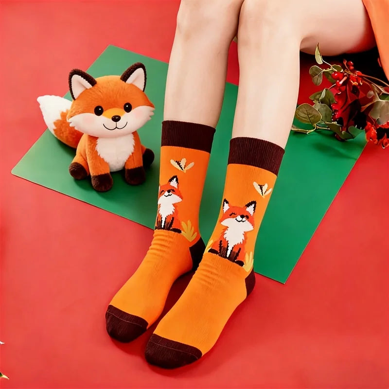Cotton Blend Smiling Fox Pattern Mid Calf Socks - 1