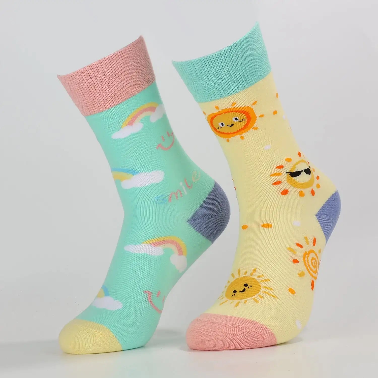 Cotton Blend Smiley Rainbow Print Mid Calf Socks - 3