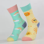 Cotton Blend Smiley Rainbow Print Mid Calf Socks