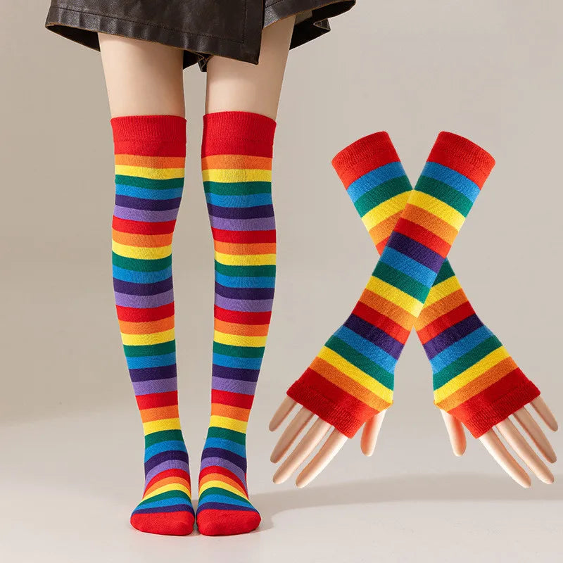 Striped Polyester Thigh High Socks and Arm Warmer Set