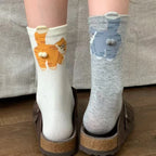 Polyester Elastane Kitten Pattern Mid Tube Socks