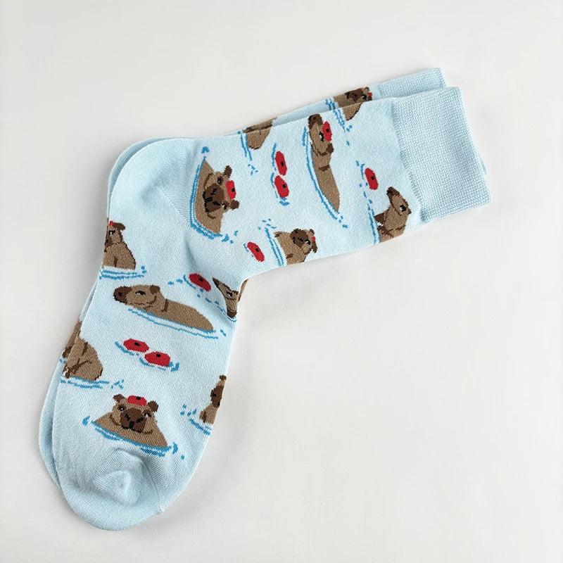 Cotton Blend Capybara Pattern Mid Calf Socks - 5