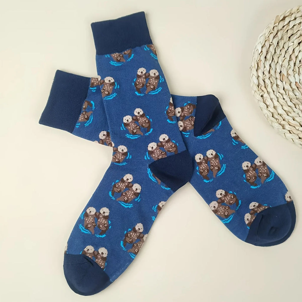 Cotton Blend Otter Print Mid Calf Casual Socks