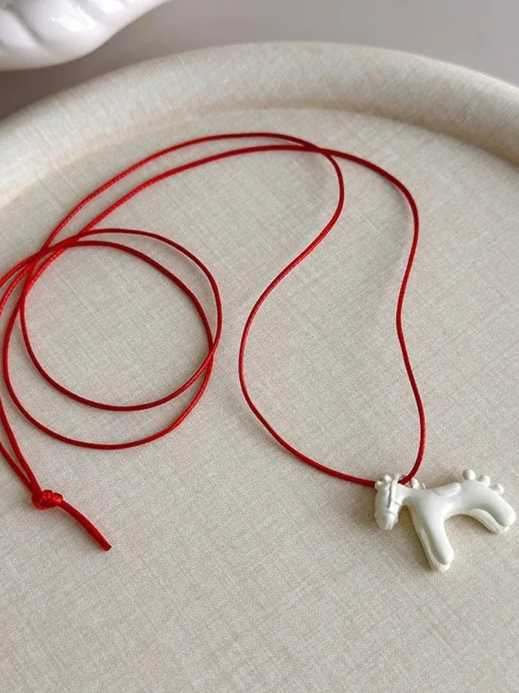 Enamel Horse Pendant Rope Necklace - 12
