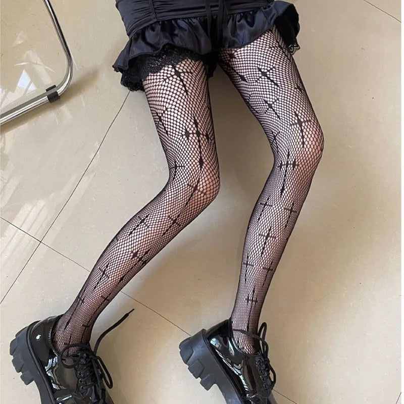 Nylon Cross Print Gothic Lolita Fishnet Tights