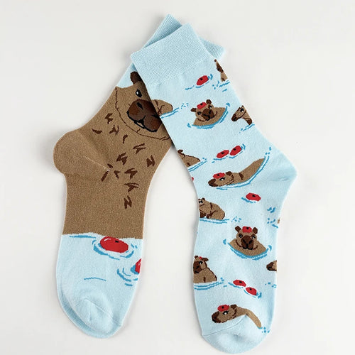 Cotton Blend Capybara Print Mid Calf Casual Crew Socks