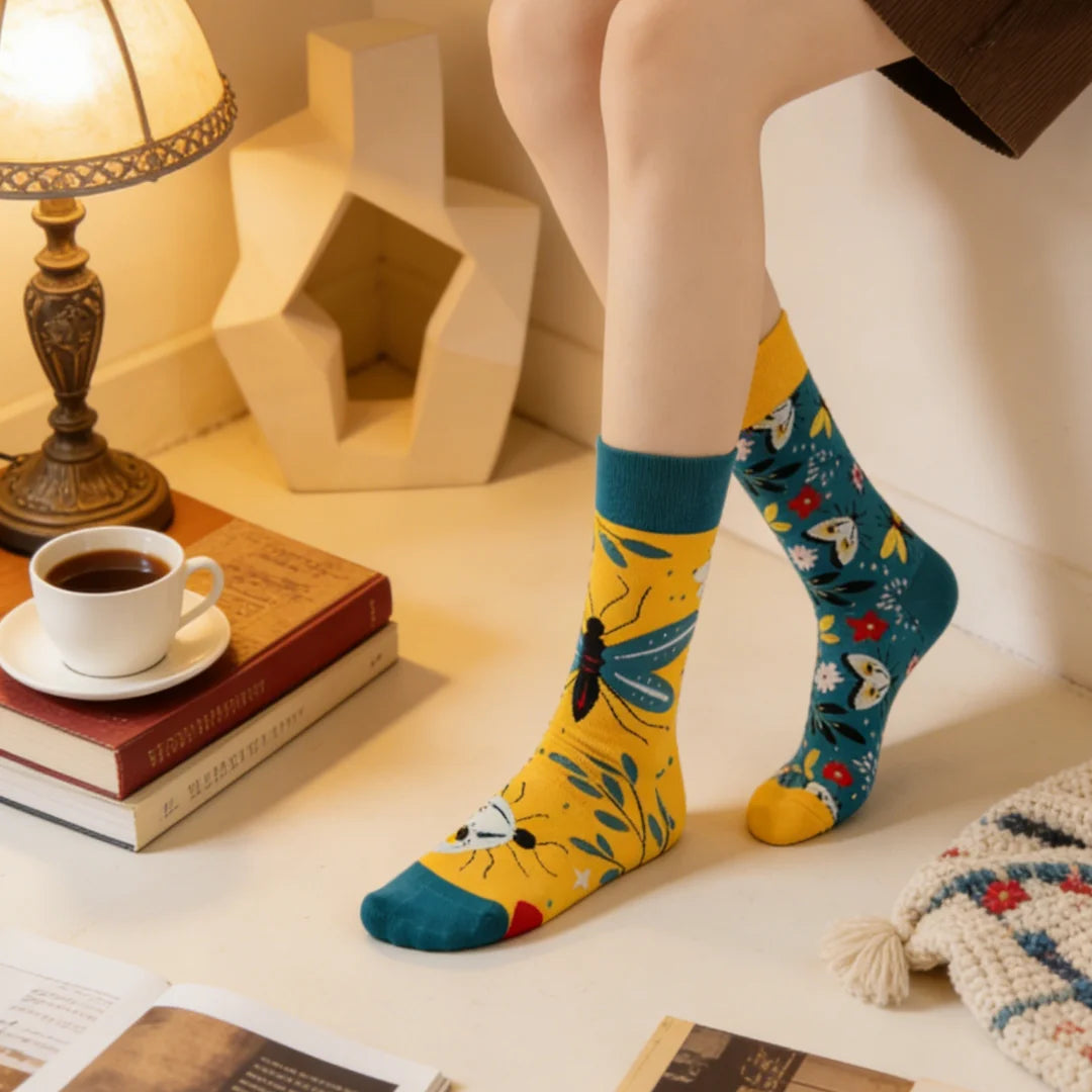 Cotton Blend Floral Butterfly Pattern Asymmetrical Socks