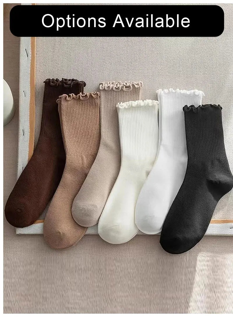 Ruffled Polyester Blend Mid Length Womens Socks 6 Pair Set