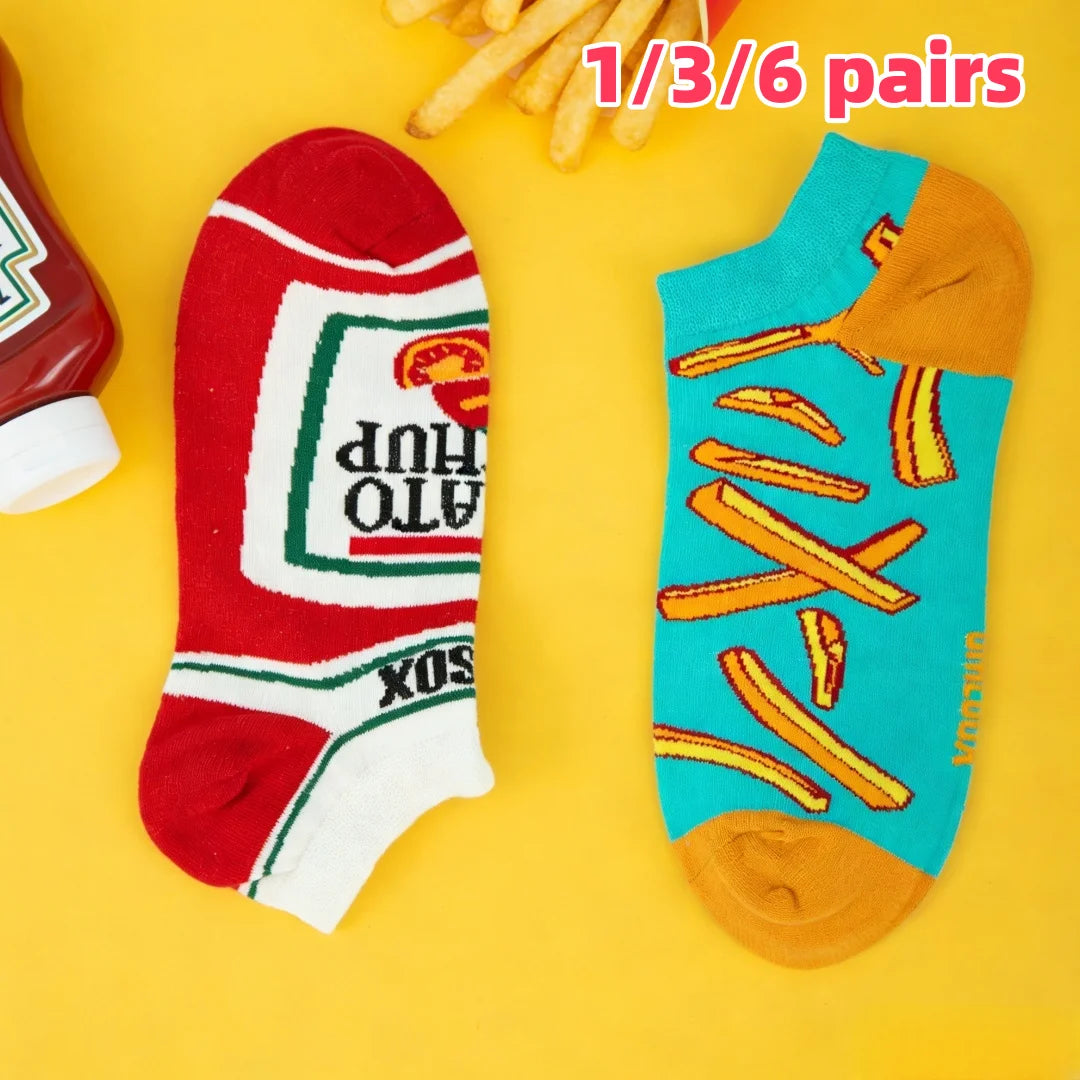 Cotton Blend Low Tube French Fry and Tomato Print Socks
