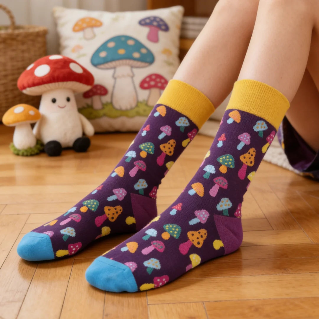 Cotton Mushroom Print Mid Calf Casual Socks