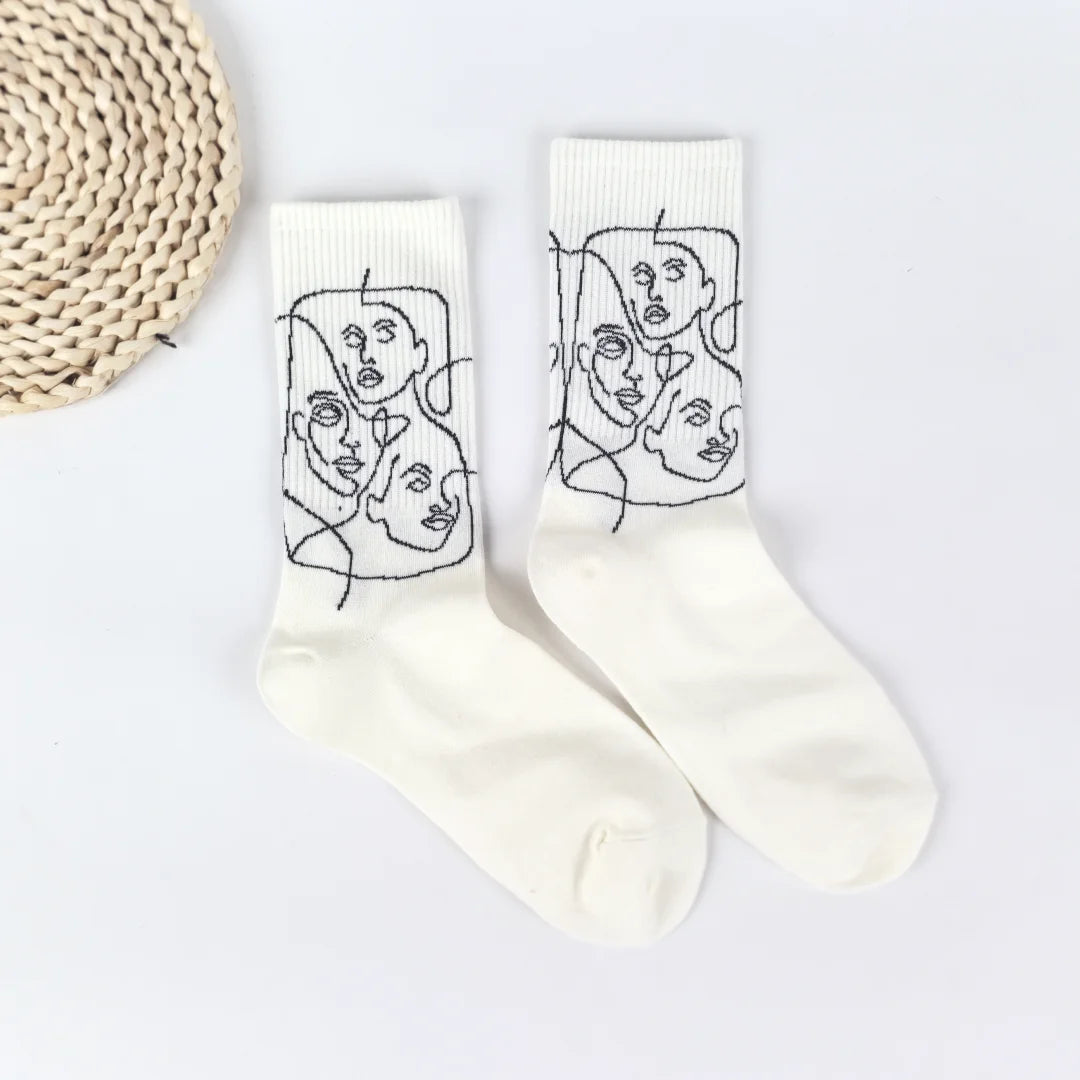 Cotton Blend Abstract Line Art Casual Crew Socks