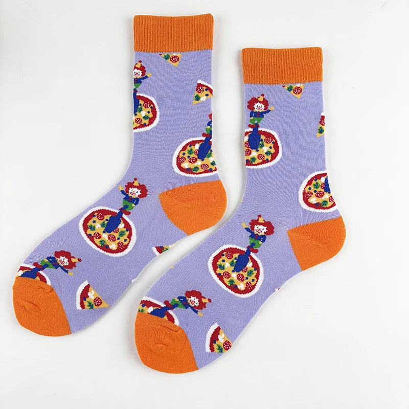 Cotton Blend Clown and Pizza Print Casual Mid Calf Socks - 4