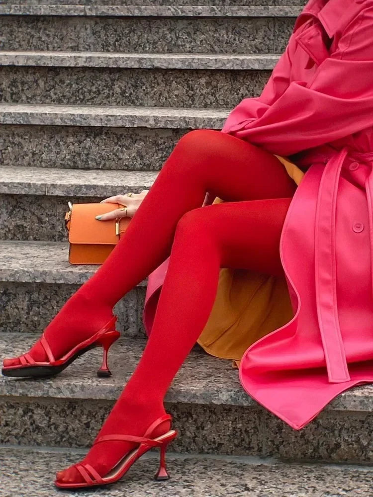 Red Nylon Polyester Slim Tights