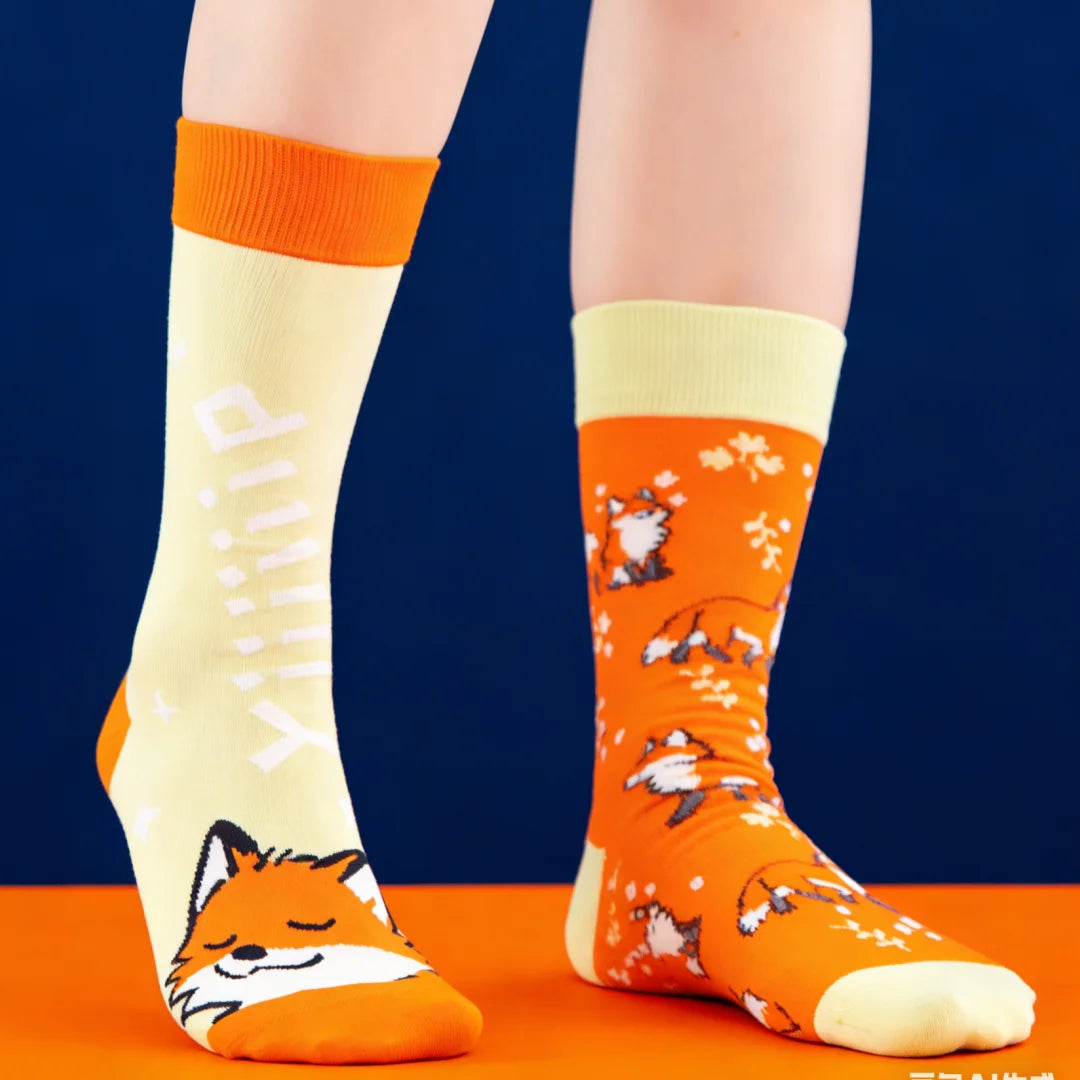 Fox Pattern Cotton Blend Crew Socks