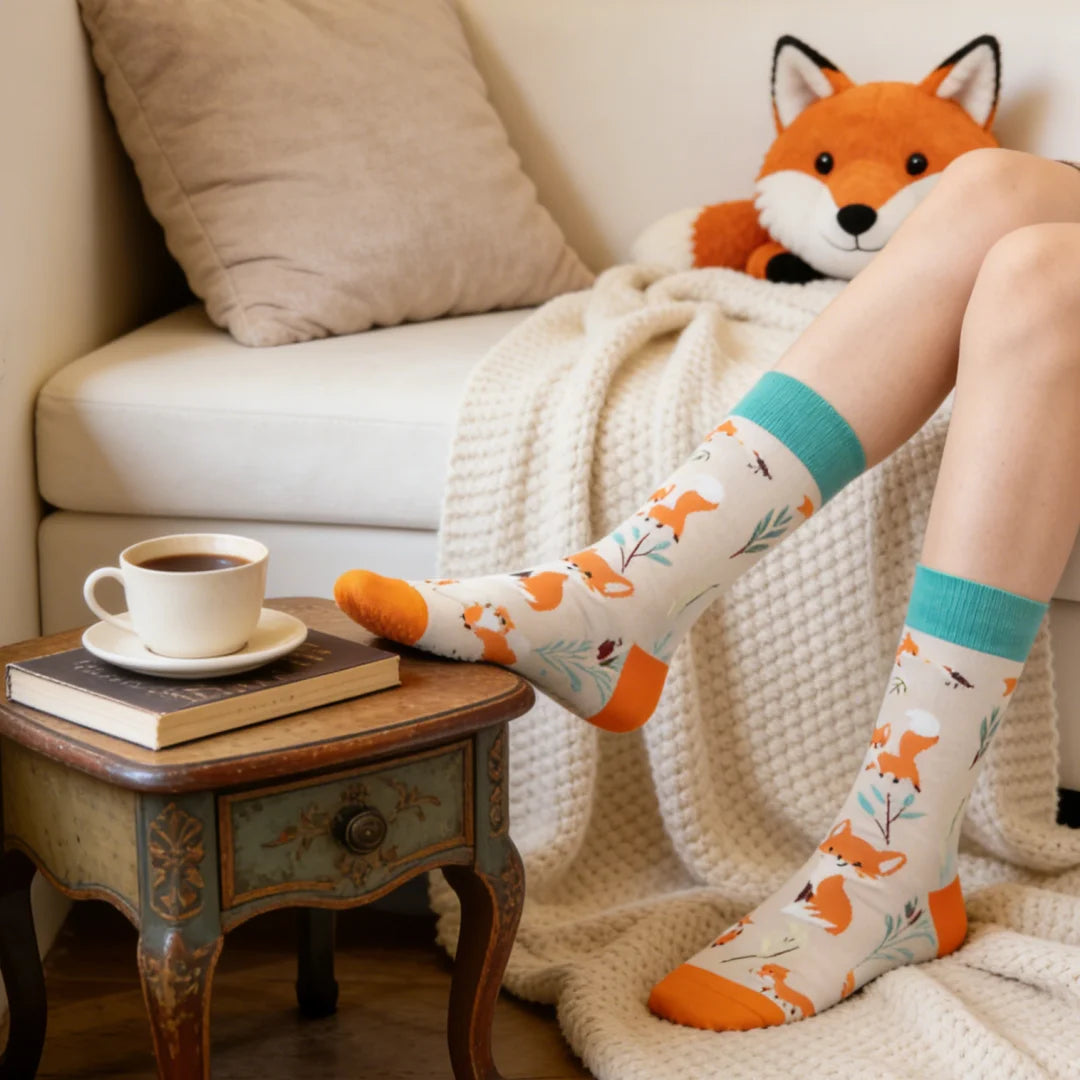 Cotton Blend Mid Calf Fox Print Socks - 1