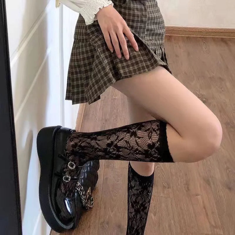 Women Nylon Floral Lace Mid Calf Socks