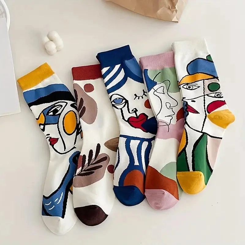 5 Pairs Polyester Spandex Crew Socks Cartoon Art Print - 8