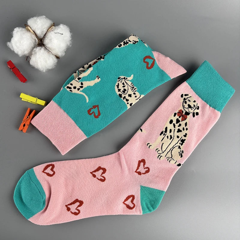 Cotton Blend Dalmatian Dog Print Mid Calf Casual Socks
